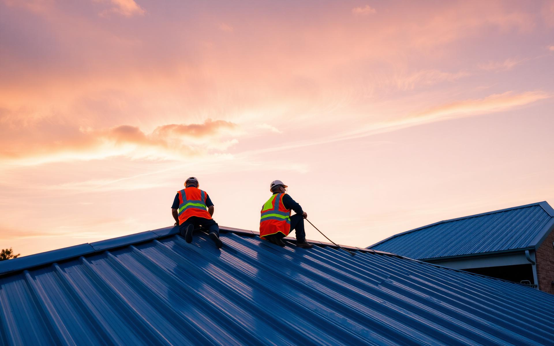 Queensland roofing tradesmen at work at golden hour